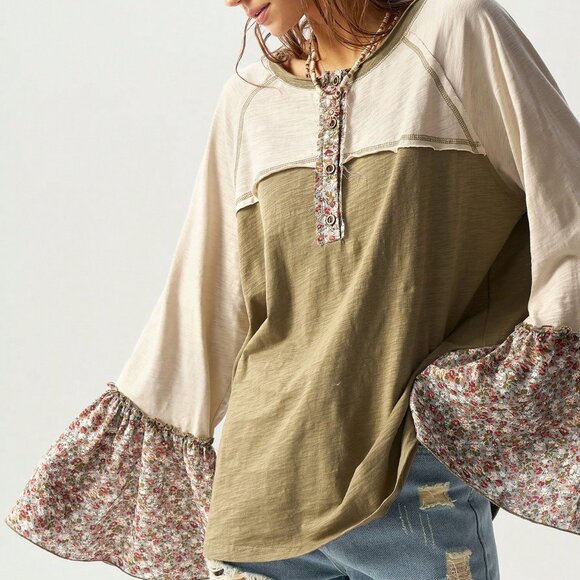 multicolor Casual Women's Boho Loose Fit flared sleeve top - Picture 2 of 8